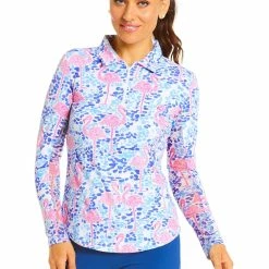 IBKUL Womens IDN Flamingo Print Long Sleeve Polo